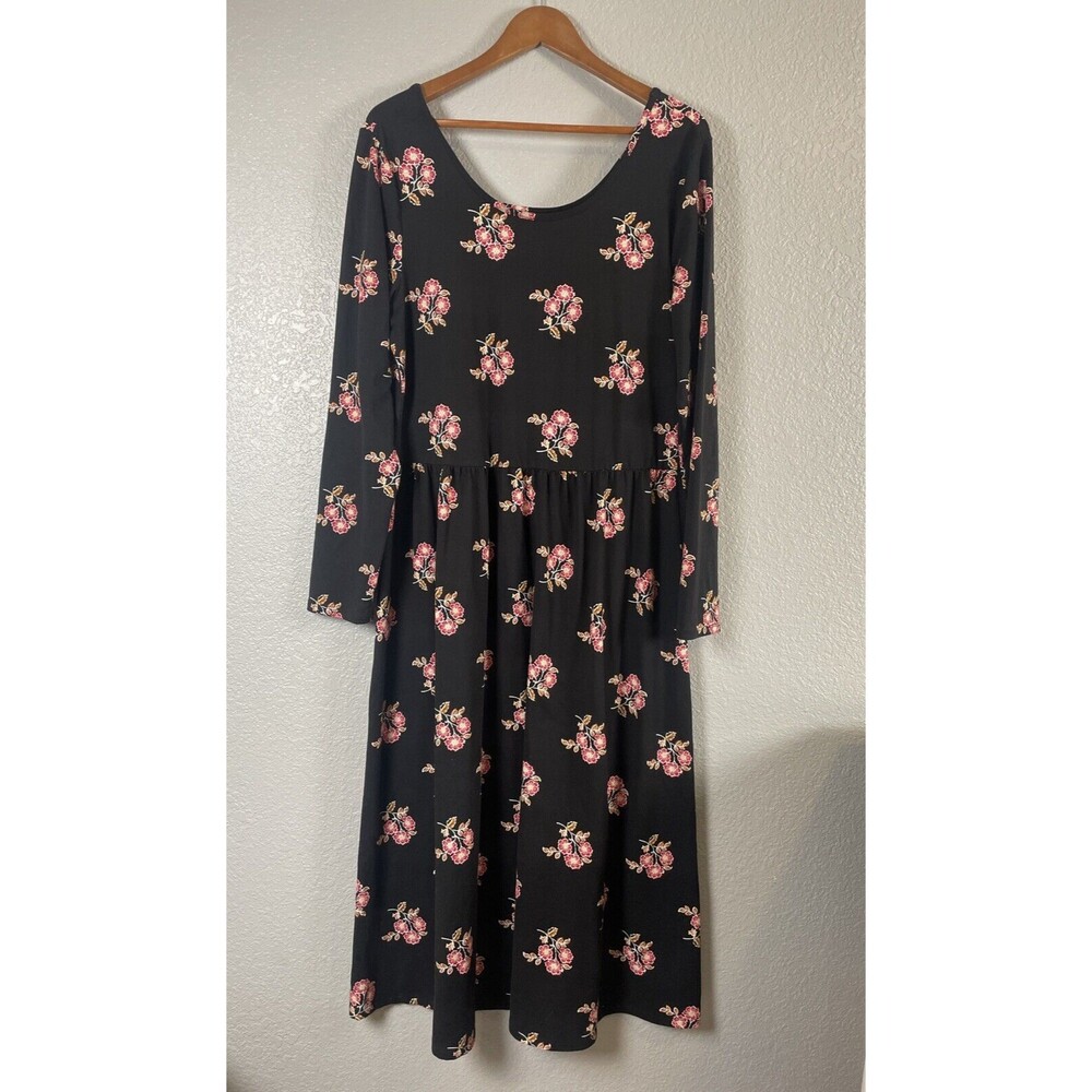 Old Navy Fit Flare Midi Dress Black Red Floral Jersey Long Sleeve Sz XL TALL